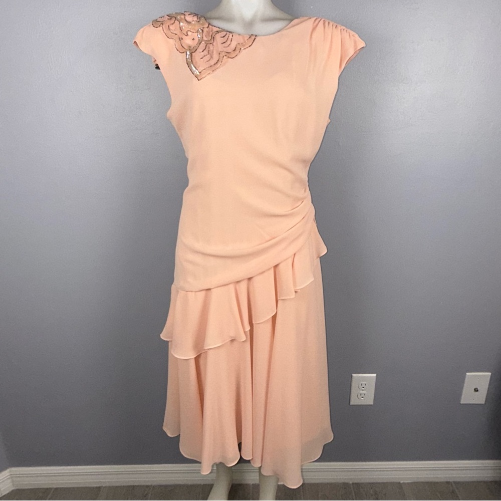 Vintage Mister Jay Peach Ruffle Sequin Midi Dress‎ Size 12 Made in USA * READ